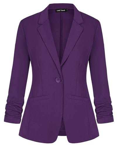 LADI TREND Women's Suits & Blazers Classic Suit Jacket Notched Lapel 3/4 Ruched Sleeve (Purple L)