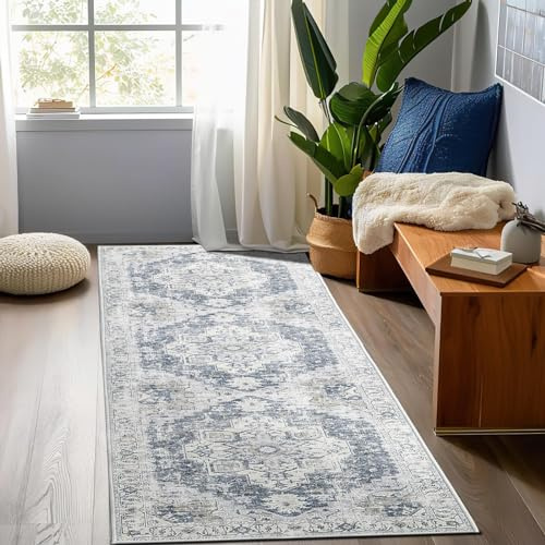 TOPICK Vintage Küchenteppich Läufer Flur waschbar küchenläufer 90x150 Grau | orientalisch Teppichläufer brücken Teppich Läufer lang rutschfest cottagecore Flurteppich Eingangsbereich Kitchen Runner Rug