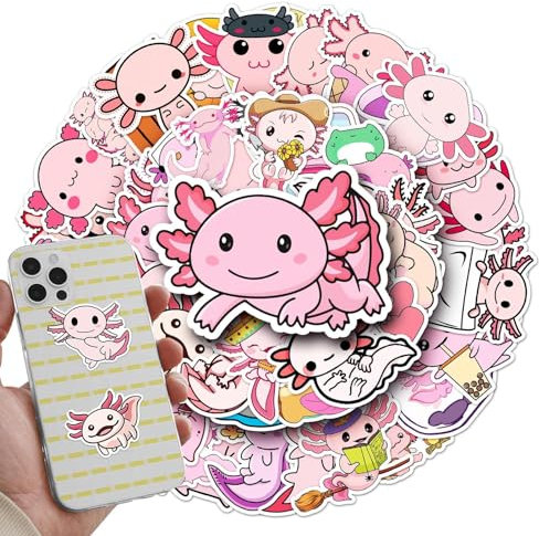 Axolotl-Aufkleberset – Lustige Axolotl-Aufkleber, wasserdichte Axolotl-Vinylaufkleber | 50-teiliges Axolotl-Aufkleberpaket, lebendige Axolotl-Designs, langlebige Vinyl-Axolotl-Aufkleber für Laptops, W