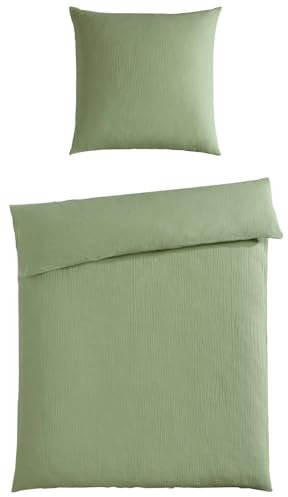casa NOVA Musselin-Bettwäsche - 135 x 200 cm - Salbeigrün - Baumwolle - mit Knopfleiste