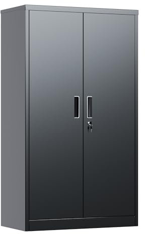 SUPEER Aktenschrank,Metallschrank mit 3 höhenverstellbaren Fachböden,Stahlblech Pulverbeschichtung,Stahlschrank für Werkzeuge,Garage H140cm x W80cm x D40 cm(Schwarz)
