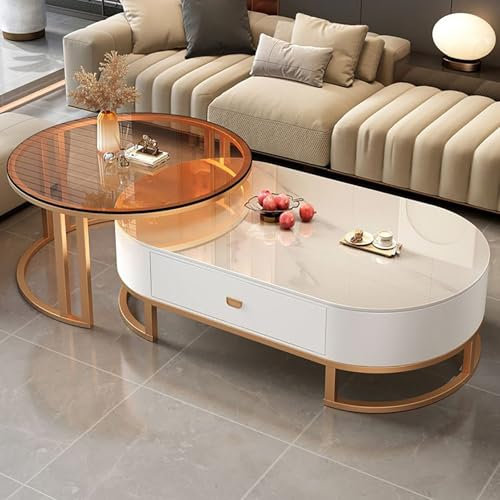 YJDZ Modernes ovales Couchtisch-Set aus Stein – Stahlrahmen, Wohn- und Schlafzimmermöbel (Nussbaum, 70 x 45 + 100 x 50 x 38 cm)