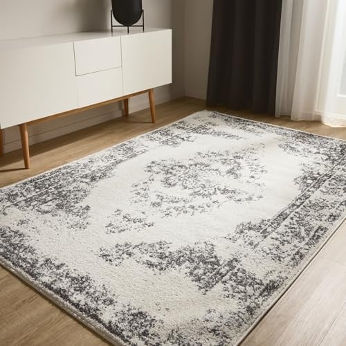 benuta Basic Teppich Sia - Creme/Grau 160x230 cm - Kunstfaser - Rechteckig & im Style: Vintage, Boho-Style, Retro - Pflegeleicht für Wohnzimmer Schlafzimmer