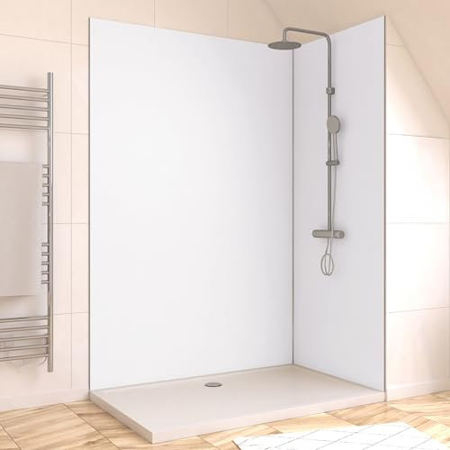 Marwell Urbanox Wandpaneel - fugenlose Aluverbundplatte als Duschrückwand & Küchenrückwand (Weiß, 90 + 120 x 210 cm inkl. Profil silber)