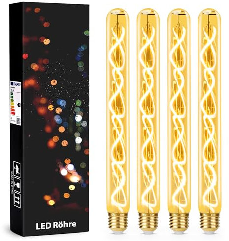 ESONLITOR Vintage Glühbirne E27 Dimmbar, E27 LED Vintage 4W T30 300LM 2700K Retro Glühbirne in Stabform 30CM Länge LED Röhre für Industriell und Retro Beleuchtung im Familie Hotel Bar - 4 Stück