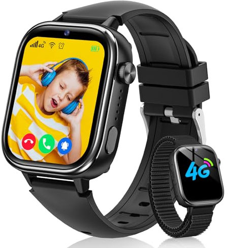 Sanorum 4G Smartwatch Bambini, IP68 Impermeabile Orologio Smartwatch Bambini con GPS, Chiamate, Funzione SOS, Videochiamate, Modalità Scuola, Fotocamera, Sveglia, Contapassi per Ragazzi e Ragazze Nero