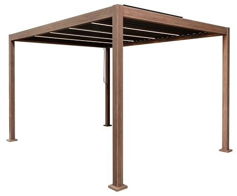 Metal Pergola 4m x 3m With LED Lights Wood Effect Tilting Canopy Roof Aluminium Outdoor Garden Gazebo Sun Rain Shelter Patio Deck Drainage UV Protection Weather Resistant Tools & Ground Bolts Included