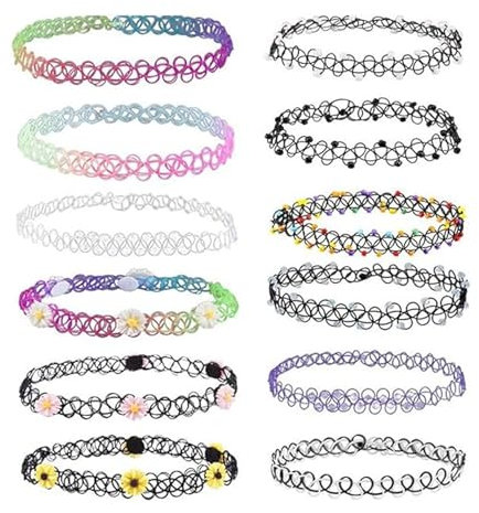 DAQIEPIN 12 Stück Elastische Halskette, Stretch Tattoo Choker Kette Rainbow Armband Vintage Gummi Tattoo Halskette Henna Halsband für Mädchen Frauen Teen Mädchen Kinder
