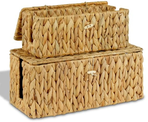 efluky 2 Pack Water Hyacinth Floor Cord Covers with Lid, Hand-woven Cable Management Box, 2 Open Slots Cord Box to to Hide USB Wire, Power Strip & Charger for Home & Office and Dorm, Natural