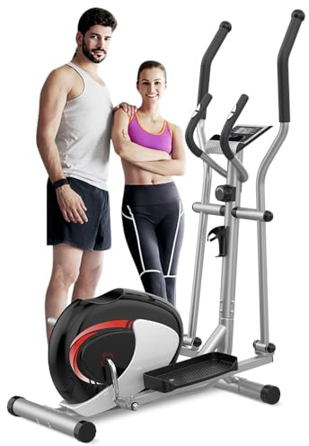 Dripex Crosstrainer für zuhause, Magnetisch Ellipsentrainer, Ultraleiser Crosstrainer mit 8-stufiger Widerstand, 6KG Schwungrad, Pulssensor, LCD Monitor, Gerätehalterung, Transporträder (Rot)