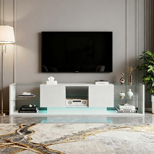 Meuble TV avec Rangement, Table Television Salon avec Lumières LED Variables, Table Tele Moderne avec Support en Verre et 2 Compartiments de Rangement, Meuble TV Bois et Blanc pour Salon