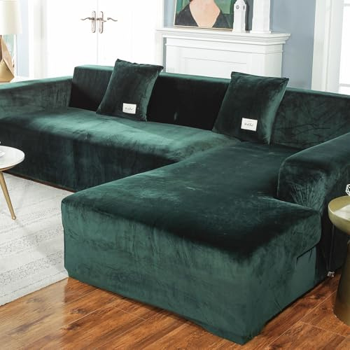 VanderHOME High Stretch Sofa überzug l Form Moderne Weicher Herbst/Winter Sofaüberzug Plüsch Einfarbig Rutschfester Sofahusse Für Wohnzimmer Protector Für Hunde Haustiere (Dunkelgrün)