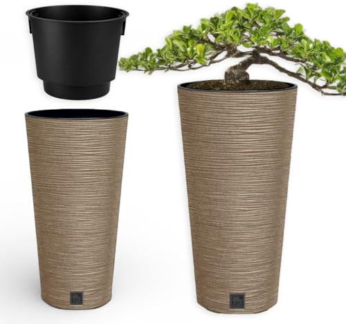 FEINZ Blumentopf ECO Wood 30x58 cm Naturo | Einsatz, Holzoptik, Drainageeinsatz, Innen, Außen, wetterfest, stabil, dekorativ, Boho-Design