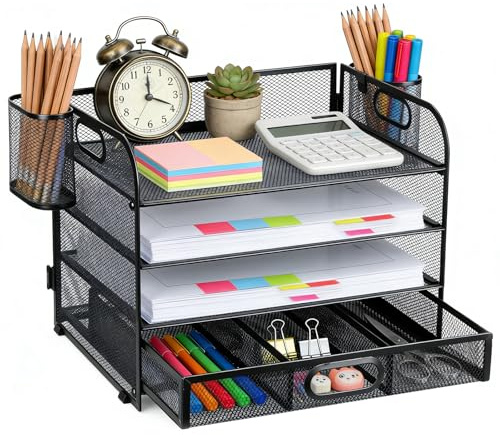 Mesh Letter Tray Paper Organizer, 4-Tier Mesh Paper File Organizer with Drawer and 2 Pen Holders, Desktop Organizer for File Books Notes Papers, Magazine Document Holder for Home Office School