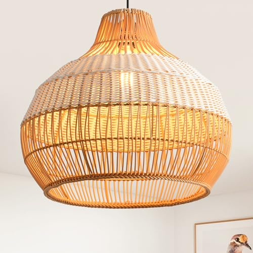 Parrot Uncle Rattan & Folien-Pendelleuchte, 43cm Bambus Lampenschirm, Korb Hängelampe, Höhenverstellbar, E27-Fassung für Esszimmer, Wohnzimmer, Schlafzimmer, Flur(keine Glühbirne) [Energieklasse A]