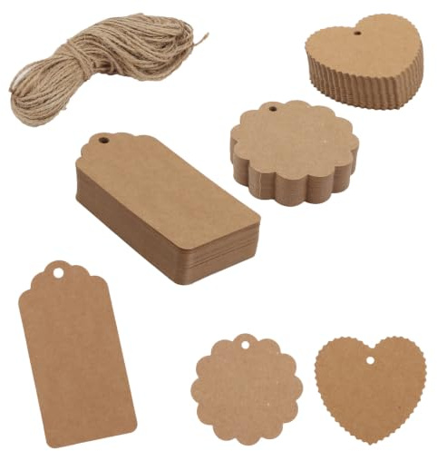 Norbiariz 120 Stück Kraftpapier Etiketten Set mit Juteband, 3 Formen Herz Blume Rechteck Geschenkanhänger, Leere Beschriftbare Papieranhänger für Geschenke Hochzeit Bastelarbeiten