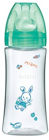 Dodie -Biberon Initiation - 330ml Transparent Valentin Vert +6 mois tétine ronde 3 vitesses débit 3