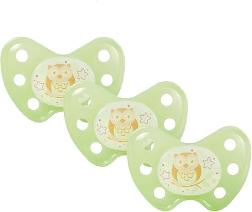 dentistar Night Silikon Schnuller 3er-Set - Größe 3, ab 14 Monate - Glow in the Dark Nuckel mit Dentalstufe – BPA-frei – Made in Germany - Eule, Grün