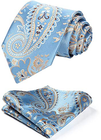 HISDERN Herren Krawatte Blumen Paisley Krawatte & Einstecktuch Set Blau Gold