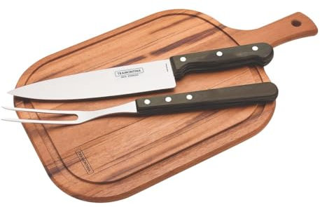Tramontina - Juego de Cubiertos Churrasco, para Carne, en Acero Inoxidable y Mangos de Madera Polywood en Color Castaño, Incluye Tabla, Utensilios con Remaches, 3 Piezas