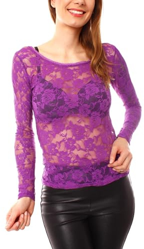 Easy Young Fashion - Damen Langarmshirt mit Spitze - transparente Mesh Bluse - Rundhals Skinny Fit OneSize 1095 - Violett