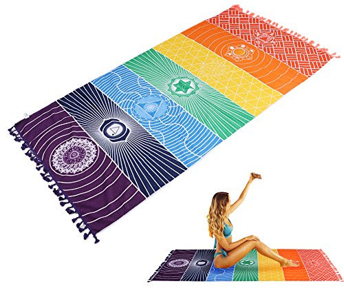 Yummomo indisches Yoga-Handtuch, 100% Baumwolle, Regenbogenfarben, 150 cm lang x 75 cm breit