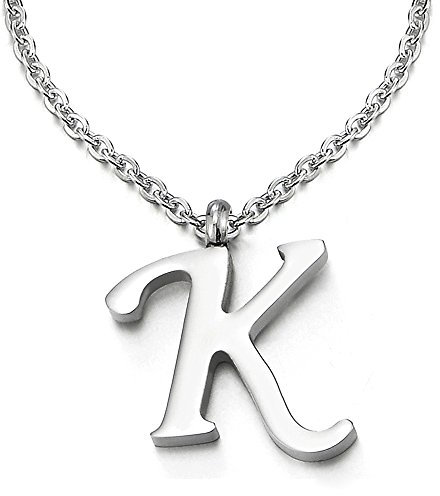 COOLSTEELANDBEYOND Name Initiale Alphabet Buchstaben A bis Z Anhänger Edelstah Halskette für Damen Herren mit 50cm Stahl Seil-Kette - K