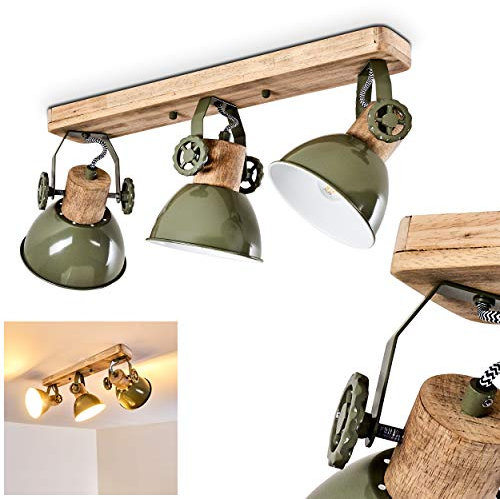 Deckenleuchte Orny, Deckenlampe aus Metall/Holz in Grün/Weiß/Braun, 3-flammig, mit verstellbaren Strahlern, 3 x E27-Fassung, Spot im Retro/Vintage Design, ohne Leuchtmittel