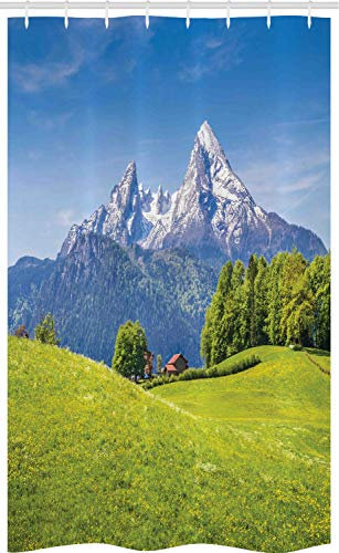 ABAKUHAUS Berg Schmaler Duschvorhang, Alpen mit Wiesen-Flora, Badezimmer Deko Set aus Stoff mit Haken, 120 x 180 cm, Grün blau