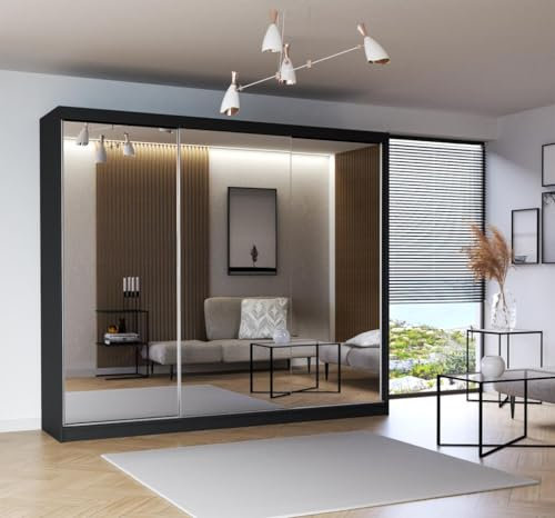 Milan 2 and 3 Mirror Sliding Door Wardrobe In 6 Sizes and 4 Colors (250 cm, Black)