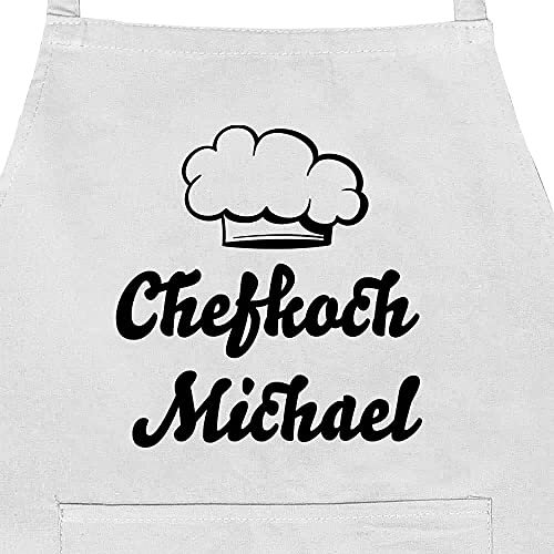 Deitert Grillschürze mit Namen oder Wunschtext bedruckt, Kochschürze mit Nackenriemen, aufgenähte Tasche, 100% Baumwolle, viele Farben, Geschenk für Männer & Frauen, Motiv Chefkoch (weiß)