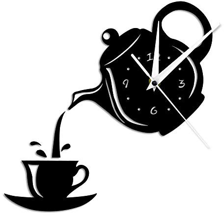 yuandd DIY Teapot and Cup Design Acrylic Mirror Modern Wall Clock Tea Kettle Shaped Hanging Clock Watch Kitchen Clock Jug With A Cup-Black