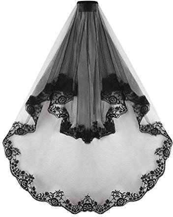 2-stöckiger schwarzer Spitzenschleier, Brautschleier mit Kammrand, Blume, bestickt, Kathedrale, durchsichtiger Tüll, Hochzeit, Mantilla, Kathedrale, Gothic, Spitzenschleier, Kopfschmuck, Hochzeit,