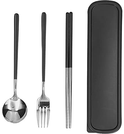 Portable Reusable Travel Cutlery Set, 3Pcs Stainless Steel Cutlery Set with Storage Box, Include Fork Spoon Chopsticks with Case (Black)