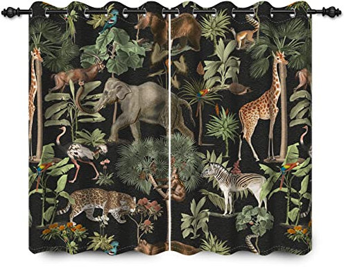 YONGFOTO 117x183cm Tierwelt Verdunkelungsvorhänge Dschungel Wildlife World Elefant Giraffe Wild Safari Grüner Wald für Wohnzimmer Schlafzimmer Fenstervorhänge, 2 Panels Home Set Mit Löchern