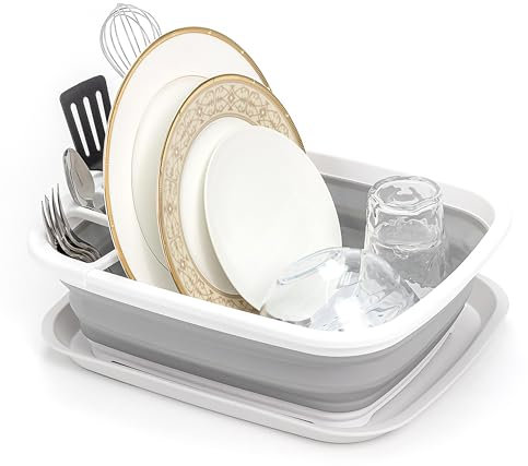 SAMMART 8L Collapsible Plastic Dish Drainer with Drainer Board - Foldable Drying Rack Set - Portable Dinnerware Organizer - Space Saving Kitchen Storage Tray (White/Grey, 1)