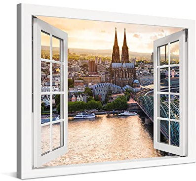 PICANOVA – Premium Leinwanddruck – Leinwandbild Köln Panorama Kölner Dom im Fenster 80x60cm – Kunstdruck Auf 2cm Holz-Keilrahmen Für Schlaf- Und Wohnzimmer – Kollektion Deutschland