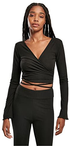 Urban Classics Damen Ladies Cropped Rib Wrapped Longsleeve Black, XL