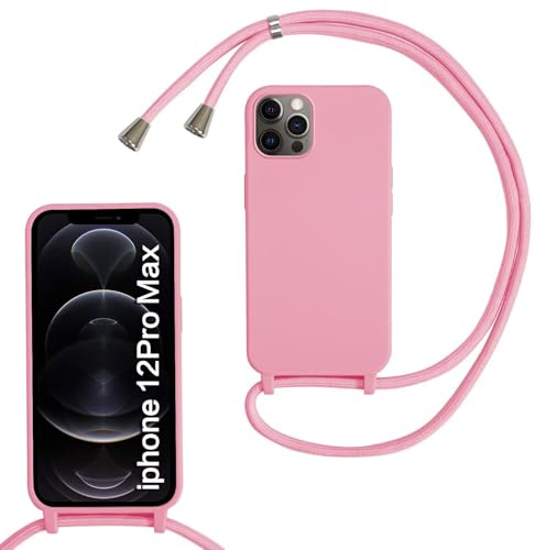 MBSLFY Silikon Handykette für iPhone 12 Pro Max Hülle mit Band,Silikon Necklace Handyhülle mit Abnehmbar Kordel zum Umhängen Stossfest Bumper Handy Schutzhülle für iPhone 12 Pro Max, Rosa
