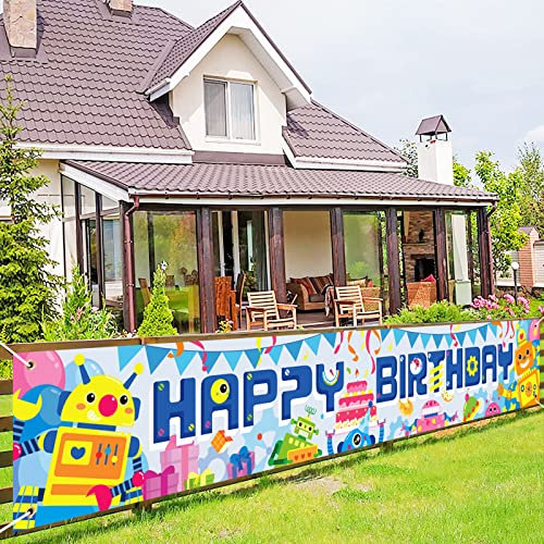 DPKOW Alles Gute zum Geburtstag Banner für Kinder Roboter Geburtstagsfeier Dekoration, Lange Stoff Roboter Banner Geburtstagsfeier Foto Requisiten für Garten Wand Tisch Hintergrund Deko, 8,5 * 1,3 Fuß