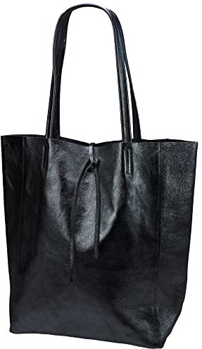SH Leder ® Damen Echt Rindleder Shopper mit Innentasche in vielen Farben Schultertasche Henkeltasche 37x29cm Kora G266 (Schwarz Metallic)