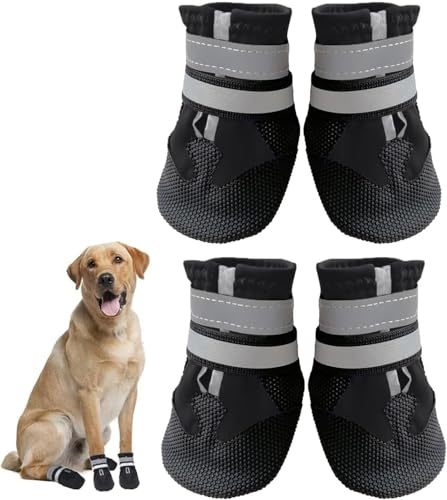 Dricar Hundeschuhe, 4er Set Hundestiefel für verletzte Pfoten, wasserdichte rutschfeste Hundeschuhe mit reflektierenden Riemen für kleine, mittelgroße und große Hunde, Laufen, Schwarz (S)
