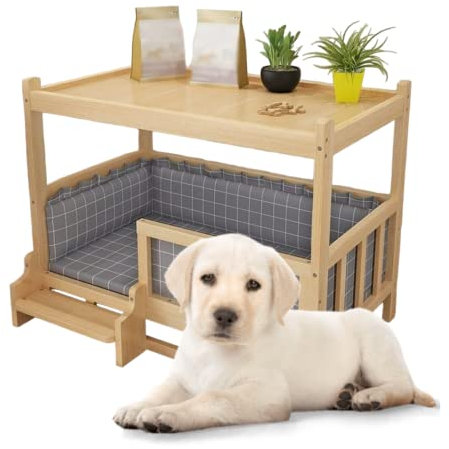 Nachttisch mit Hundebett, für kleine Hunde aus 100 % natürlichem Holz, für den Innenbereich, Hundebett und Katzenbett mit Baumwollkissen, für Haustiere mit einem Gewicht von 5 kg oder weniger, 60 x 45