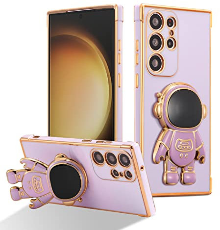 RALEAVO Hülle für Samsung Galaxy S23 Ultra mit Astronaut Ständer, Kameraschutz Kratzfest Stoßfeste Bumper Handyhülle mit 3D Cartoon für Galaxy S23 Ultra-Lila