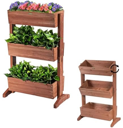 RELAX4LIFE Fioriera Verticale in Legno a 3 Livelli, Regolazione dell' Inclinazione, Comodo Sistema di Drenaggio, Superficie Impermeabile e Struttura Sicura, per Interni ed Esterni, 71x38x105cm