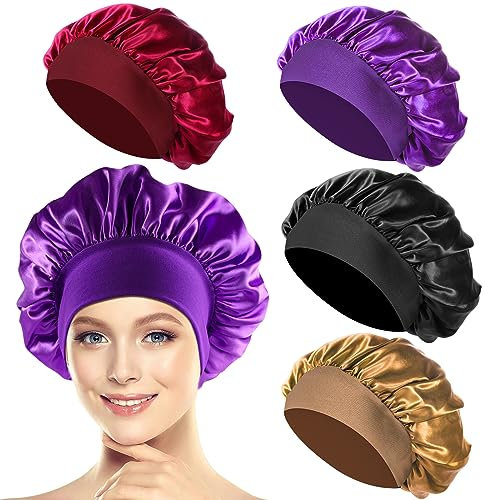 PAEFIU 4 Pezzi Cuffia Seta Cuffia Notte, Bonnet Seta per Capelli Ricci, Cuffia per Dormire in Raso per Donna(Nero,Oro,Viola,Rosso)