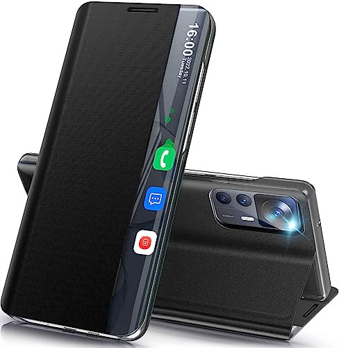 Qissy Handyhülle für Xiaomi 12T/12T Pro Hülle Klappbar, Luxus Dünn Spiegel Flip Leder Hard PC Stoßfest Case Cover für Xiaomi 12T 5G Hülle mit Ständer Klapphülle, Clear View für Xiaomi 12T Pro Hülle