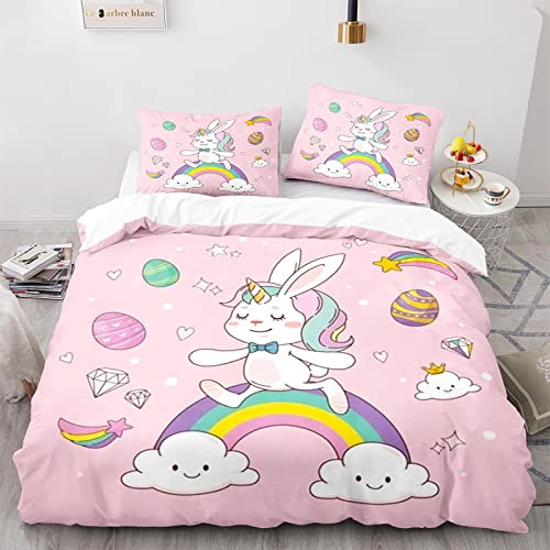 BIJOOT 3D Drucken Bettwäsche Kinder 155X220 cm Bettwäsche 155X220 Kinder Jungen Weiche Mikrofaser Regenbogen Hase Hasen Bettwäsche Mit 2 Stücke 80X80Cm Kissenbezügen