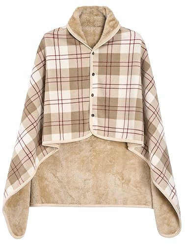 Vijamiy Poncho Damen Winter Wärme, Fleece Poncho Thermo-Strickjacke Cape,Mit Metallschließe Flanell Rollstuhldecke Warmhalten Decke Damen im Winter(Khaki,L)