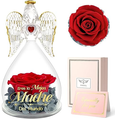 Sunia Regalos Originales para Madres,Rosa Eterna Angel Lleva Impreso Eres la Mejor Madre del Mundo,Flores Preservadas con Figura de Ángel,Regalo Mama Cumpleaños Navidad San Valentin Dia de la Madre